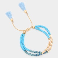 Ombre Blue Double Tassel Beaded Cinch Bracelet